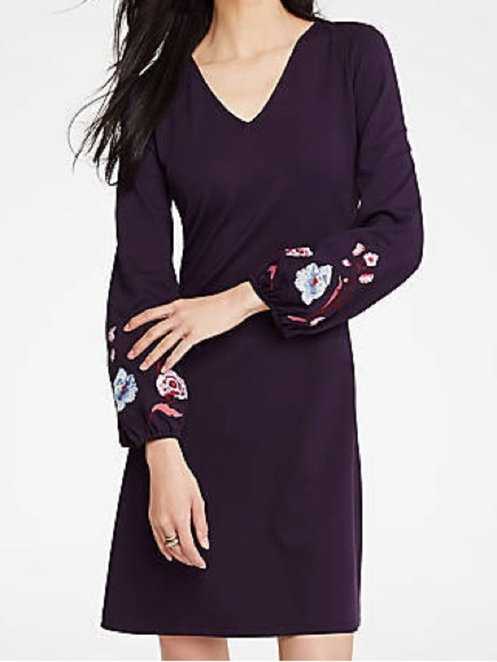 V-Neck Long Sleeve Embroidered Purple Dress